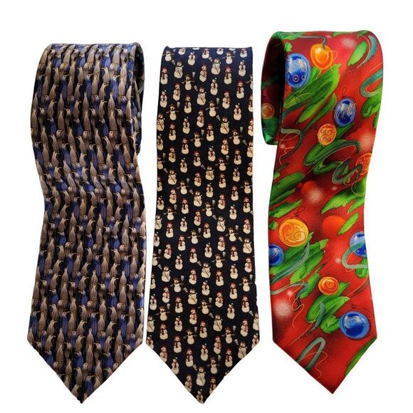 Set of 3 Holiday Christmas Winter Silk Neck Ties Ornaments Snowmen Penguin - Picture 1 of 10